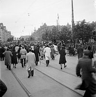 Fredsdagen i Köpenhamn. Köpenhamnsborna firar freden på Rådhuspladsen.