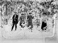 Två män och två kvinnor på skidor i snörik vinterskog. Troligen Vandrarförening,