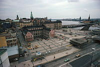 Utsikt från Katarinahissen mot nordväst över Ryssgården med Stadsmuseet, Södermalmstorg och Riddarfjärden.