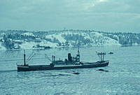 Utsikt från Villa Högberga på Lidingö över Halvkaksundet mot Ormingelandet. Lastfartyg passerar. Vintermotiv med isläggning.