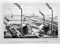 A.W. Friesteds Tekno-Kemiska Fabrik i Stockholm vid 1870-talet.
Färglitografi avfotograferad i svart vitt.