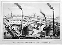 A.W. Friesteds Tekno-Kemiska Fabrik i Stockholm vid 1870-talet.
Färglitografi avfotograferad i svart vitt.