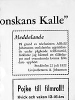 Annons i tidning med anledning av utbruten strej den 21 juli 1922 bland telefonister i Stockholm och Göteborg.