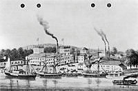 Spritfabriken på Reimersholme år 1872. Avfotograferad tryckt illustration.