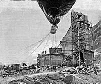 Tidningsillustration med Andrées luftballong på Spetsbergen i Norge juli 1897.