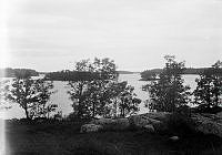 Vy från berget vid Isola Bella, över ett skärgårdslandskap med vatten och öar.