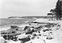 Snötäckt skärgårdsstrand. Nordkap med hård blåst.