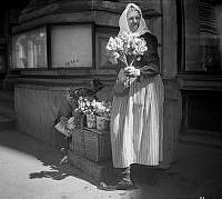 Hötorget. Äldre kvinna klädd i sjalett och förkläde säljer blommor från en korg. 