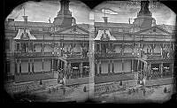 Börshuset festdekorerat och med en påbyggd läktare inför Oscar II kröningsbal år 1873. Stereobild. 