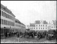 Fotografi av oljemålning föreställande Hötorget av E. Chiewitz från 1835.