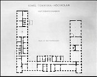 Ritning över Kongl. Tekniska Högskolans huvudbyggnad, bottenvåningen, Drottninggatan 95.