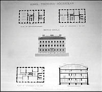 Plan-, fasad- och sektionsritningar över Kongl. Tekniska Högskolan, Bergs-skola, Drottninggatan 95.