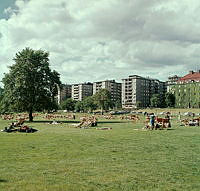 Solbadare i Rålambshovsparken. Vy åt norr mot kv. Systern.