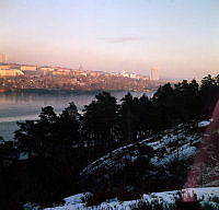 Vy från Årsta Skog mot Årstaviken, SV Södermalm och Skanstullsbron.