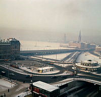 Vy från Katarinahissen mot Slussen och Riddarholmen. Vinterdis.