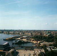 Suddig utsikt från Gröna Lundstornet mot nordvästra Djurgården. T.v. det första Vasamuseet, t.h. Nordiska Museet.