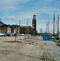 Norr Mälarstrand mot Stadshuset. Nyplanterade träd på kajen.