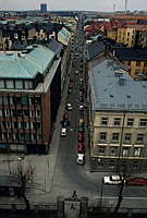 Utsikt från Hedvig Eleonora kyrka norrut över Jungfrugatan. I förgrunden Storgatan.