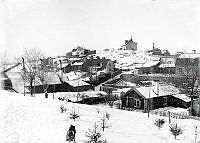 Vita Berget åt nordväst mot husen vid Lilla Mejtens Gränd, år 1896. Hund i förgrunden. På höjden byggs Sofia kyrka 1902-1906.