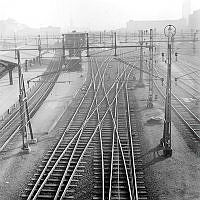 Bangården, Stockholms Central sedd mot Klarabergsviadukten. Fågelperspektiv.