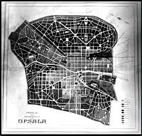 Förslag till stadsplan för Uppsala av arkitekt Hallman 1910.
