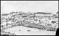 Fotografi av tavla föreställande Nybrohamnen år 1840 ritad av J. L. Furst.