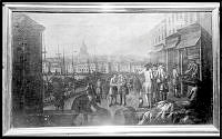 Fotografi av tavla föreställande höstmarknad på Skeppsbron på 1740-talet.