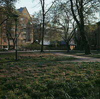 Spökparken sedd mot husen vid korsningen av Drottninggatan och Rådmansgatan.