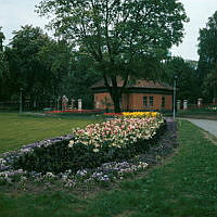 Blomsterplanteringar vid Lusthusporten på Djurgården. I bakgrunden Wicanderska villans (