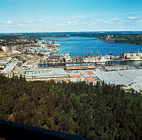 Utsikt från Kaknästornet över Lindarängen, Frihamnen och Lilla Värtan åt norr.