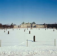 Drottningholmsparken i snö. Vy rakt mot slottet.