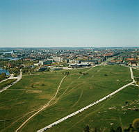 Utsikt från Kaknästornet över Ladugårdsgärdet åt väster in mot stan.