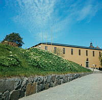 Vy från Narvavägen mot Historiska Museets entréfasad. Grässslänt med växter i förgrunden.