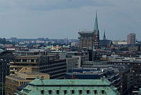 Utsikt från Storkyrkans torn norrut över Norrmalm mot Kungstornen och Johannes kyrka.