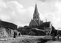 Sofia kyrka från norr år 1906  över korsningen av Borgmästaregatan och Skånegatan