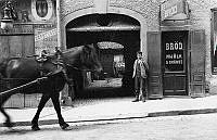 En häst passerar portgången till Drottninggatan 77. Till höger butiken Samuelssons bröd.