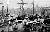 Skeppsbrokajen söderut på 1870-talet. Segelfartyg med ångpannor lastas och lossas vid kajen. Katarina kyrka i fonden.