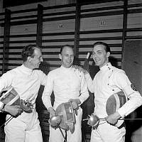 De tre främsta i SM i värja. Fr.v Bernt-Otto Rehbinder (2:a), Carl Forssell (1:a) och Ingemar Bondeson (3:a).
