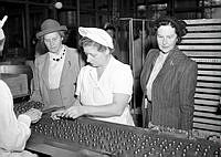 Marabous chokladfabrik i Sundbyberg. Arbeterskor vid bandet med chokladpraliner. Två damer i dräkt och hatt.
