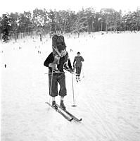 Stockholmarna vintersportar. En man åker skidor med ett barn på axlarna.