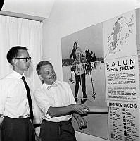 Plakat om Falun som ska representera Sverige under världssportutställning i Turin. Arkitekterna Sven Silow och Per Bergström.
