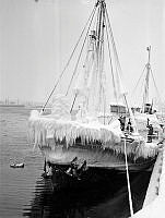 Holländsk båt täckt av snö och is.