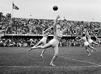 Råsundastadion. Det svenska VM-laget i gymnastik uppträder i samband med fotbollslandskampen mellan Sverige och Danmark som ingick i Nordiska mästerskapen 1950.