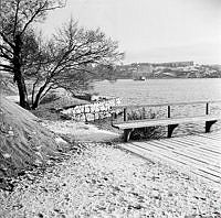 Djurgårdens södra sida längs med stranden. Utsikt mot Kvarnholmen. En brygga med bänkar.