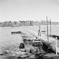 Råstasjön. Pontonbro som lånats in till firandet av Barnens Dag vid Råstahem.