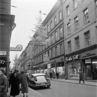 Drottninggatan 16-20. Drottninggatan norrut från korsningen Karduansmakargatan. Julgranar pyntar gatan.