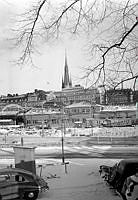 Vy mot Centralstationen från Klara Strand. Klara kyrktorn i fonden.