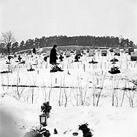 Kvinna vid grav på Skogskyrkogården.